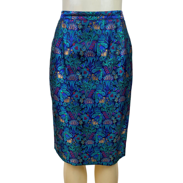 Vintage Guy Laroche Turquoise Satin Skirt & Jacket Set With Floral Print Sz W14
