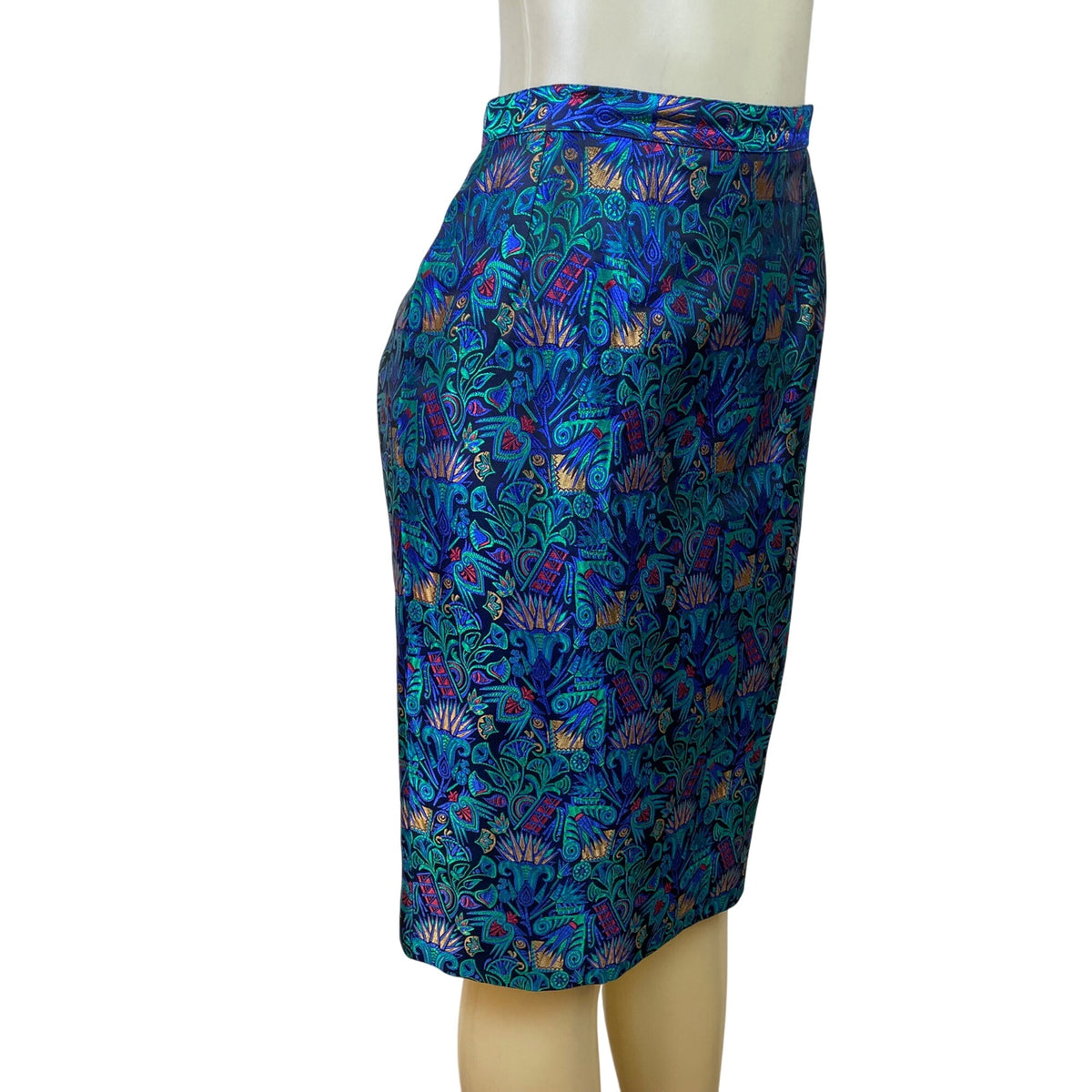Vintage Guy Laroche Turquoise Satin Skirt & Jacket Set With Floral Print Sz W14