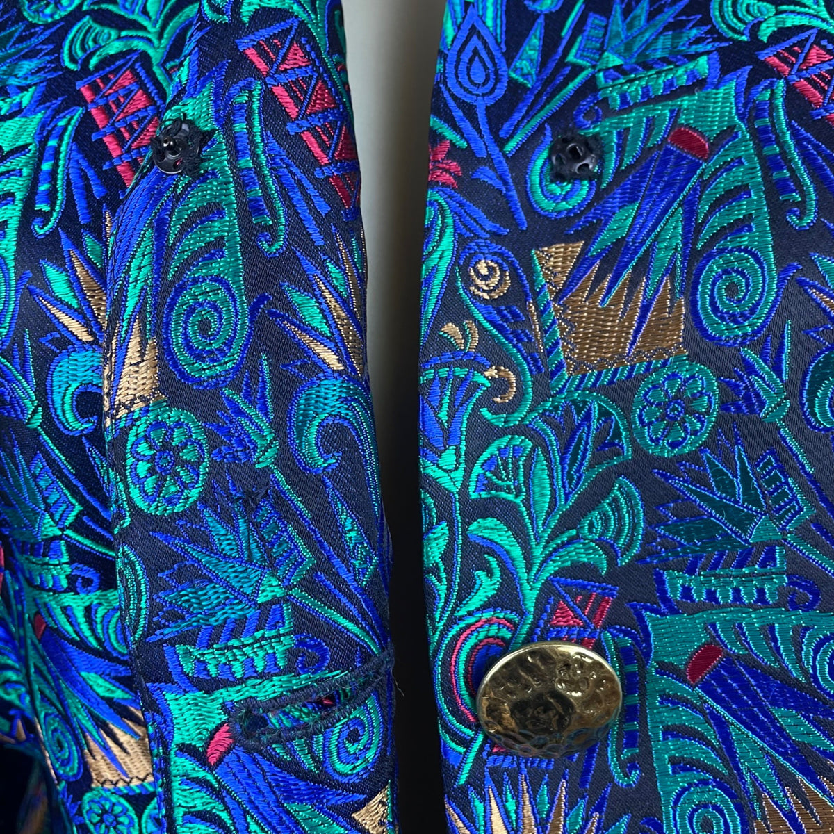 Vintage Guy Laroche Turquoise Satin Skirt & Jacket Set With Floral Print Sz W14