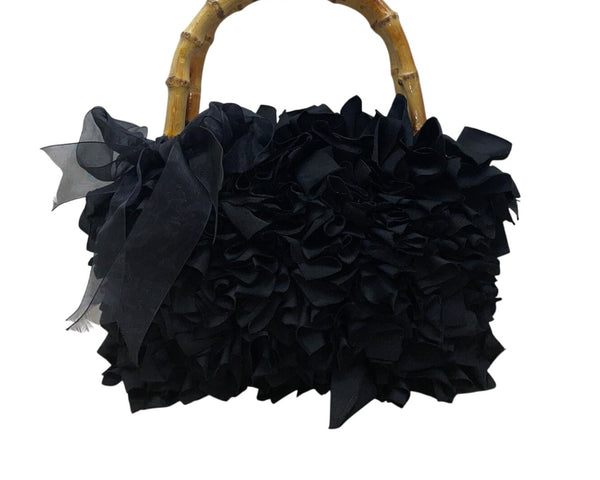 Braciano Black Ruffled Lining Bamboo Handles & Sheer Ribbon Accent Handbag Sz S