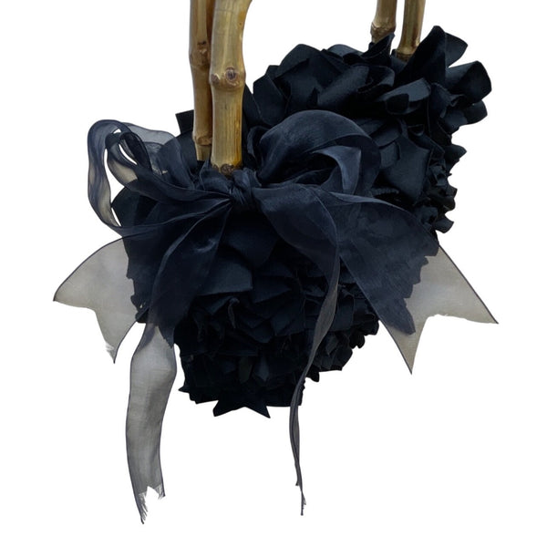 Braciano Black Ruffled Lining Bamboo Handles & Sheer Ribbon Accent Handbag Sz S