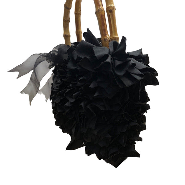 Braciano Black Ruffled Lining Bamboo Handles & Sheer Ribbon Accent Handbag Sz S