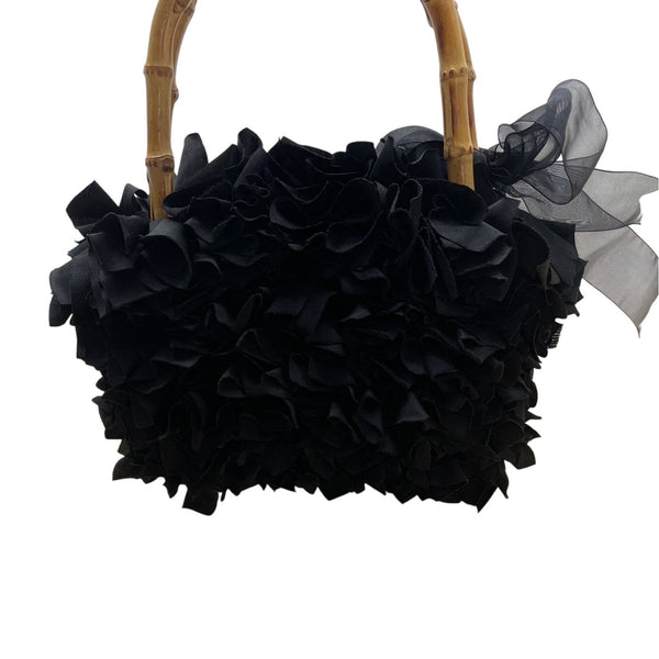 Braciano Black Ruffled Lining Bamboo Handles & Sheer Ribbon Accent Handbag Sz S