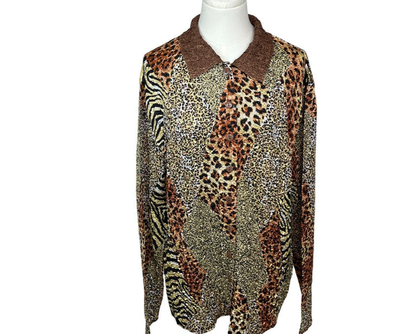 Crush Animal Print Button-Up Blouse Womens Fashion Top Brown Sz L/XL