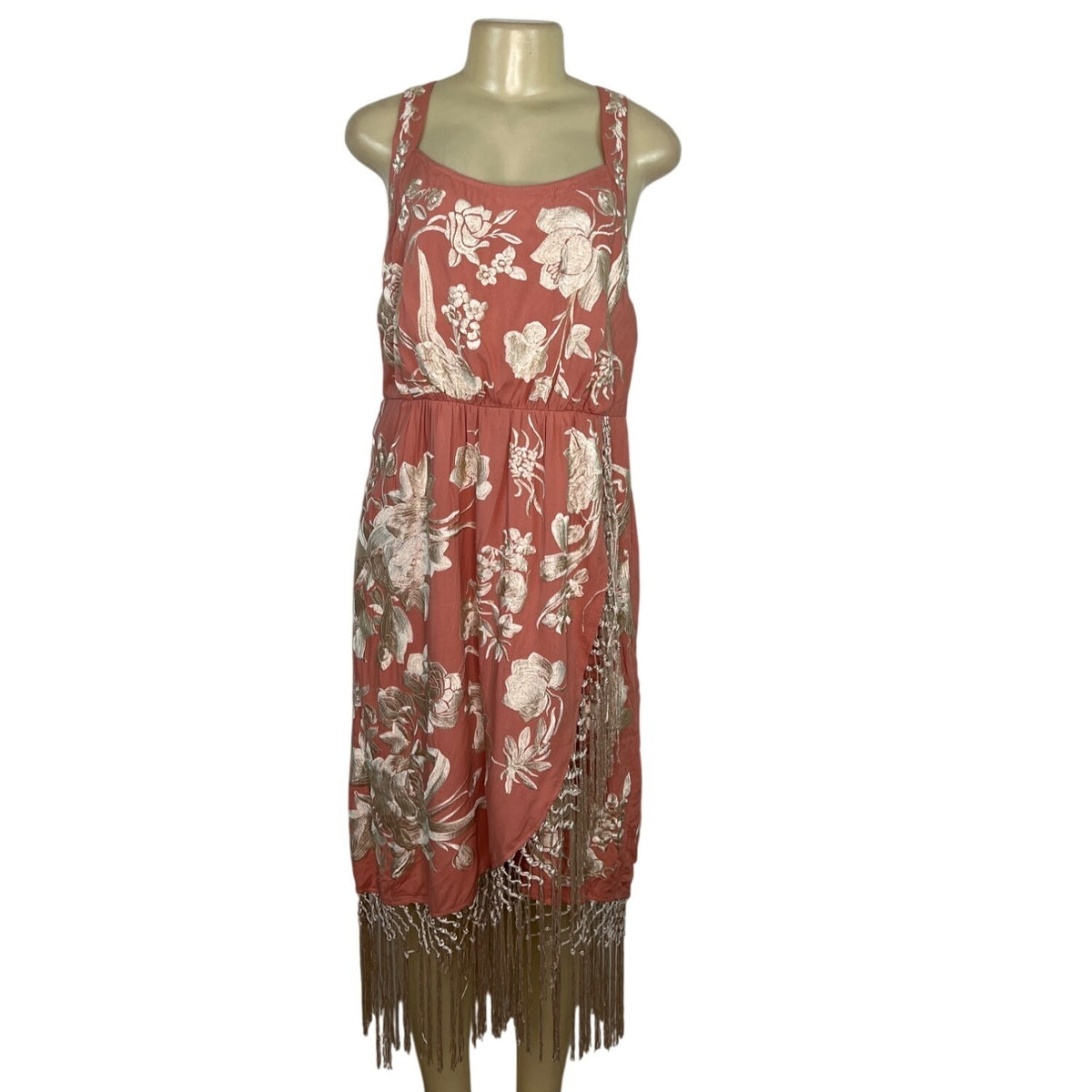 Anthropologie Floral Coral Midi Dress With Fringe Hem Racerback Size 14