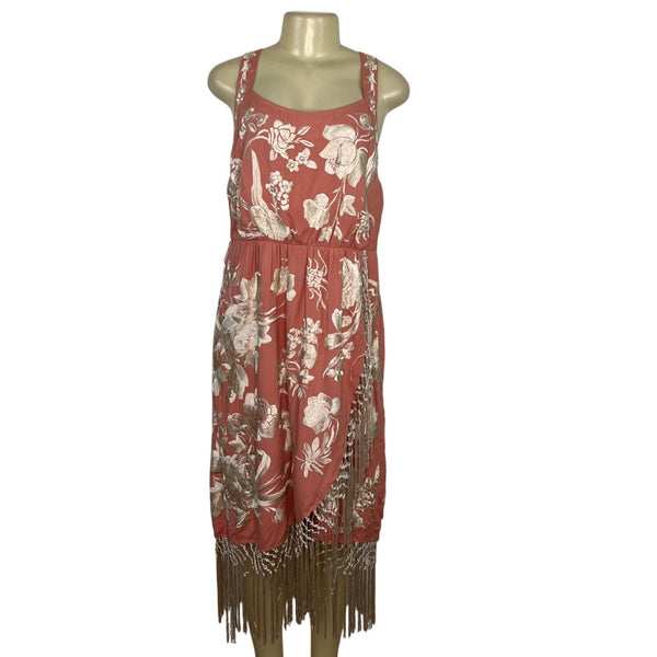 Anthropologie Floral Coral Midi Dress With Fringe Hem Racerback Size 14