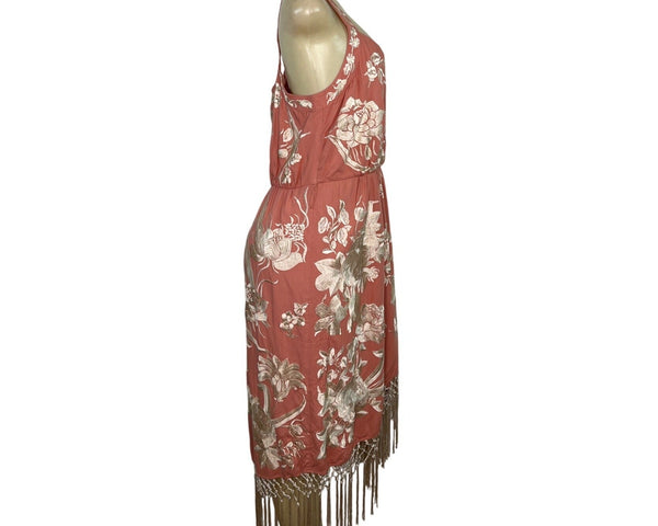 Anthropologie Floral Coral Midi Dress With Fringe Hem Racerback Size 14