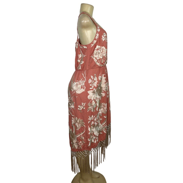 Anthropologie Floral Coral Midi Dress With Fringe Hem Racerback Size 14