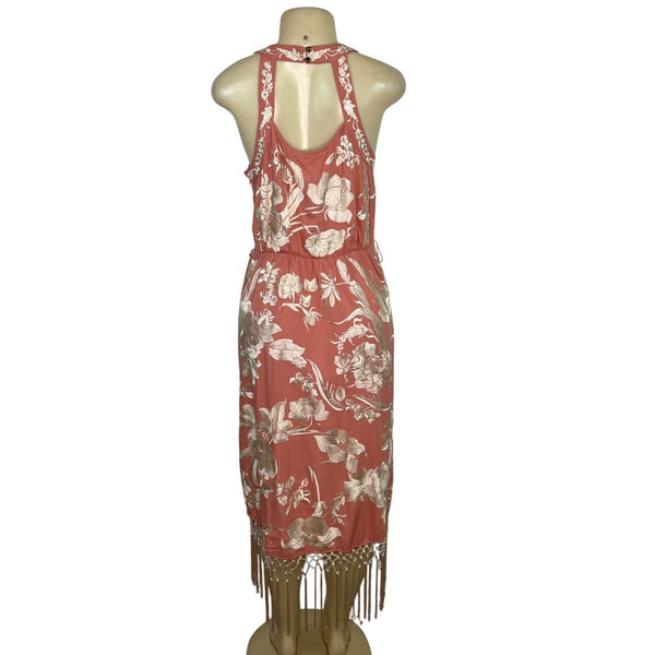 Anthropologie Floral Coral Midi Dress With Fringe Hem Racerback Size 14