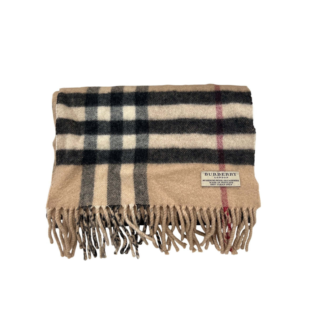 Burberry Beige Check Merino Wool & Cashmere Fringed Scarf Made In Scotland