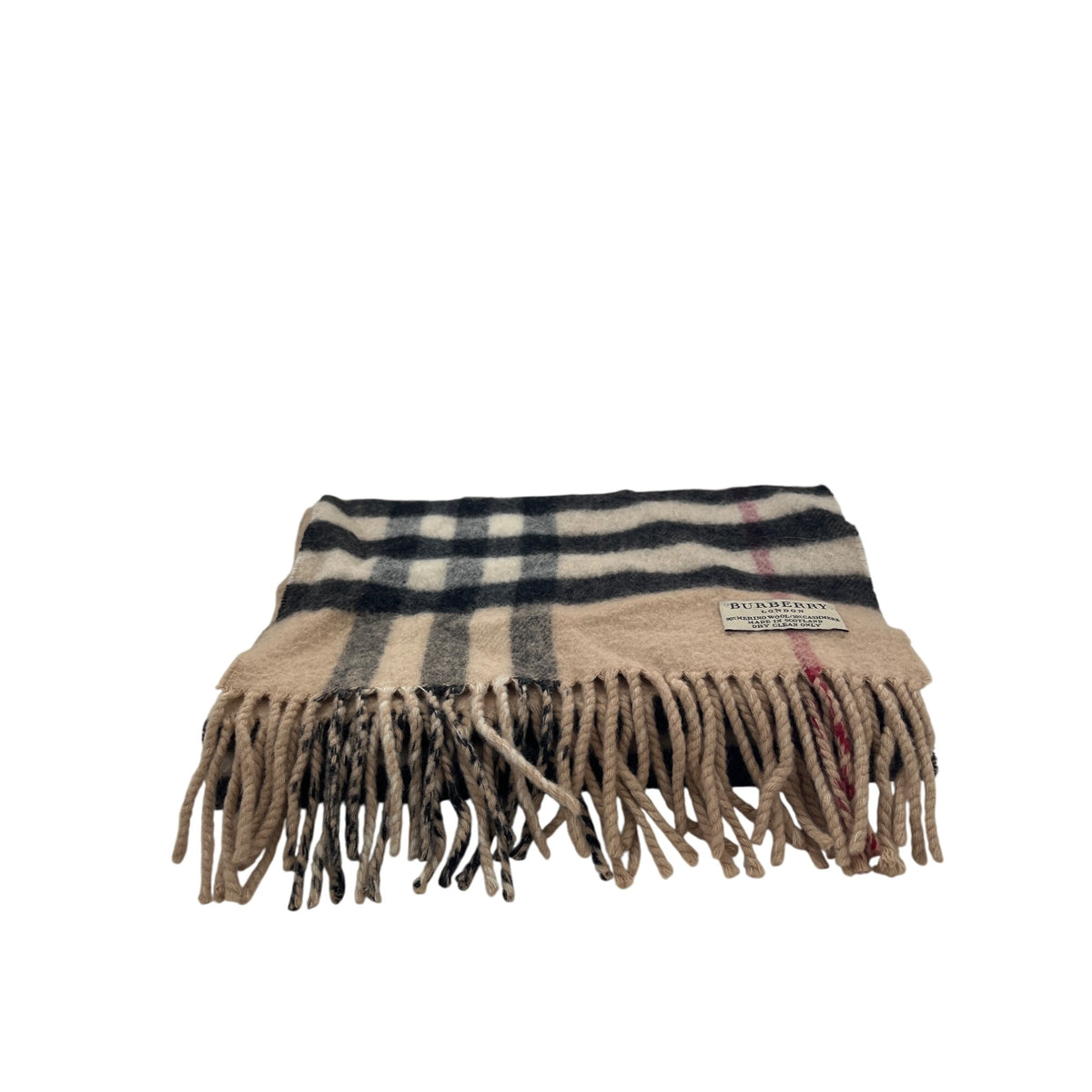Burberry Beige Check Merino Wool & Cashmere Fringed Scarf Made In Scotland