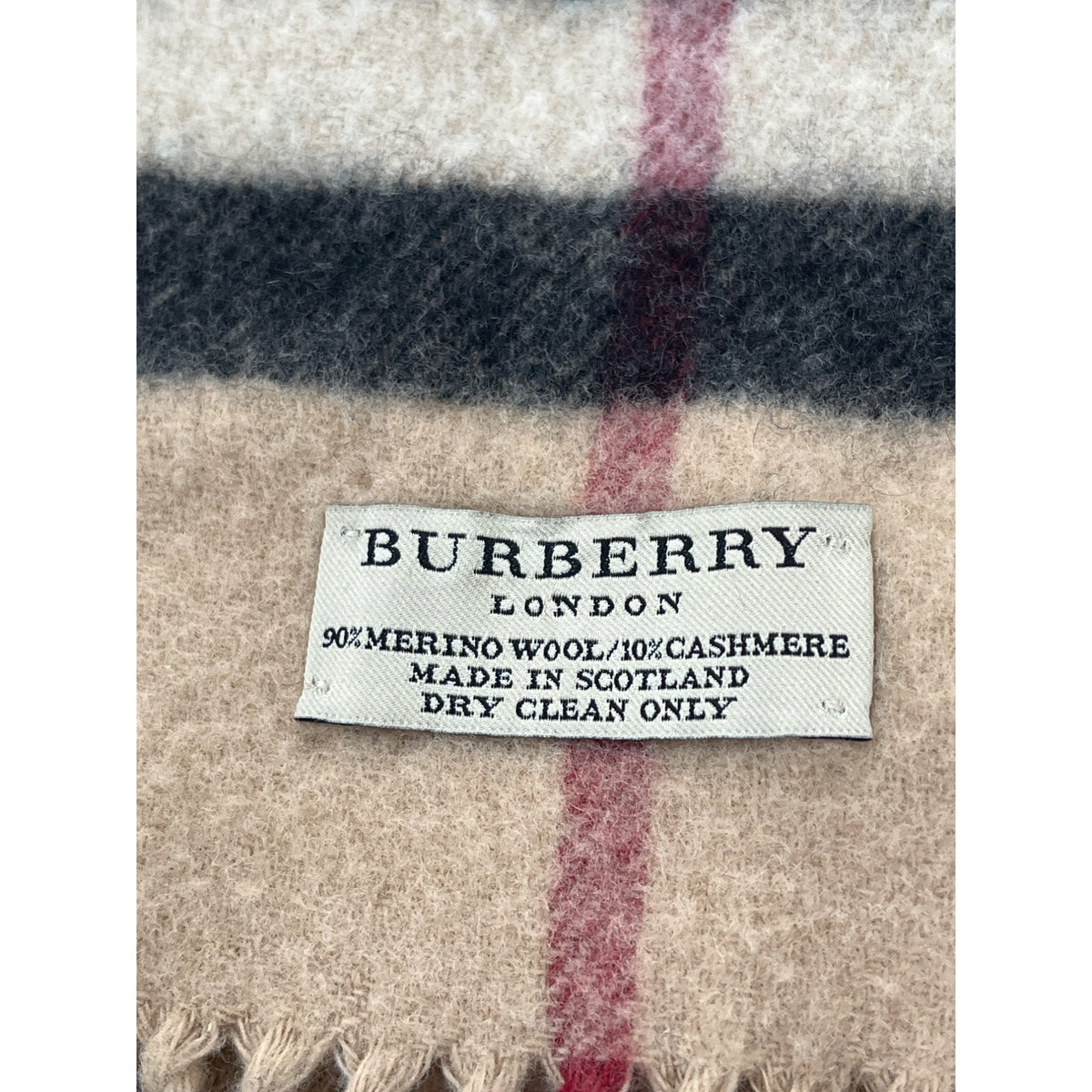 Burberry Beige Check Merino Wool & Cashmere Fringed Scarf Made In Scotland
