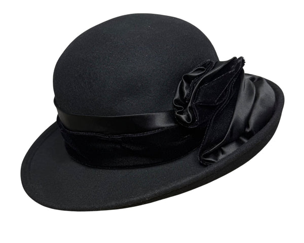 Vintage Lord & Taylor Womens Black Felt Wide Brim Hat Satin & Velvet Bow Size OS