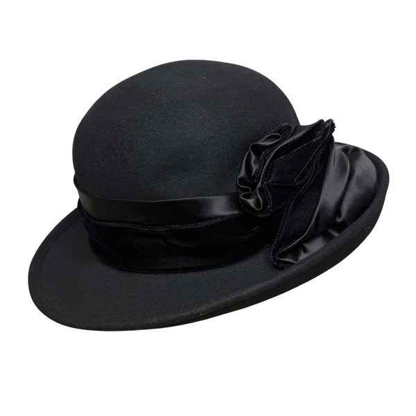Vintage Lord & Taylor Womens Black Felt Wide Brim Hat Satin & Velvet Bow Size OS