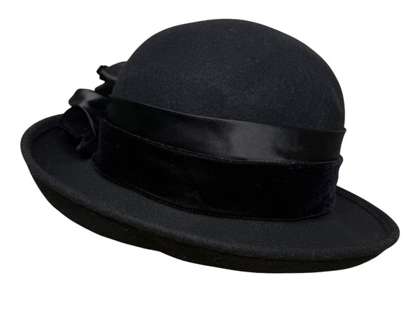 Vintage Lord & Taylor Womens Black Felt Wide Brim Hat Satin & Velvet Bow Size OS