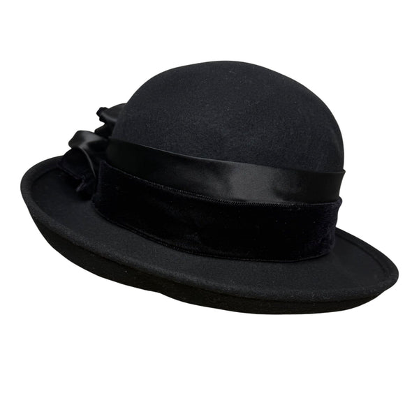 Vintage Lord & Taylor Womens Black Felt Wide Brim Hat Satin & Velvet Bow Size OS