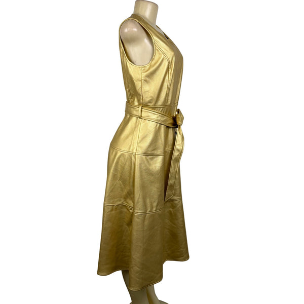 Fashion Collection Gold Faux Leather Sleeveless A-Line Midi Dress Belted Sz M