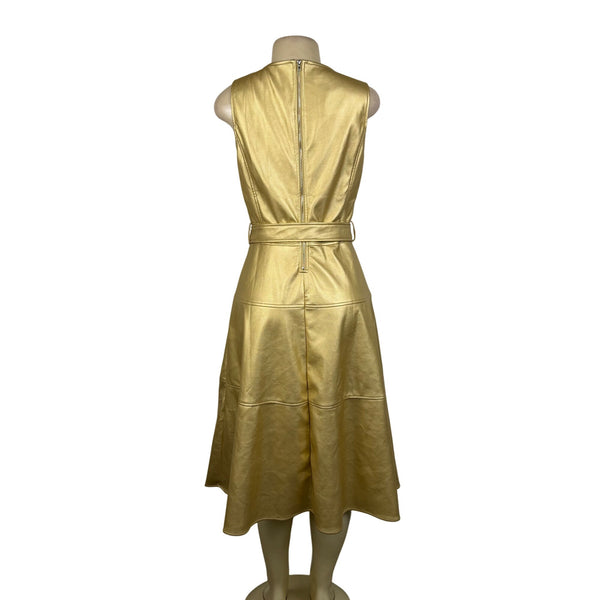 Fashion Collection Gold Faux Leather Sleeveless A-Line Midi Dress Belted Sz M