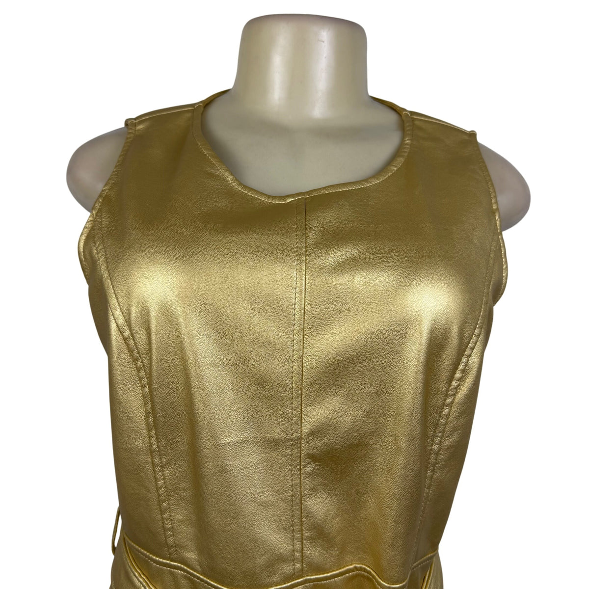 Fashion Collection Gold Faux Leather Sleeveless A-Line Midi Dress Belted Sz M