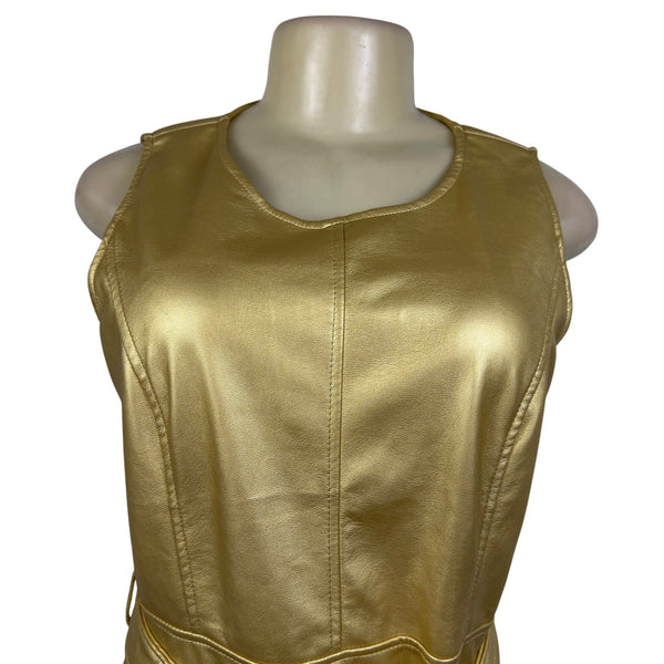 Fashion Collection Gold Faux Leather Sleeveless A-Line Midi Dress Belted Sz M