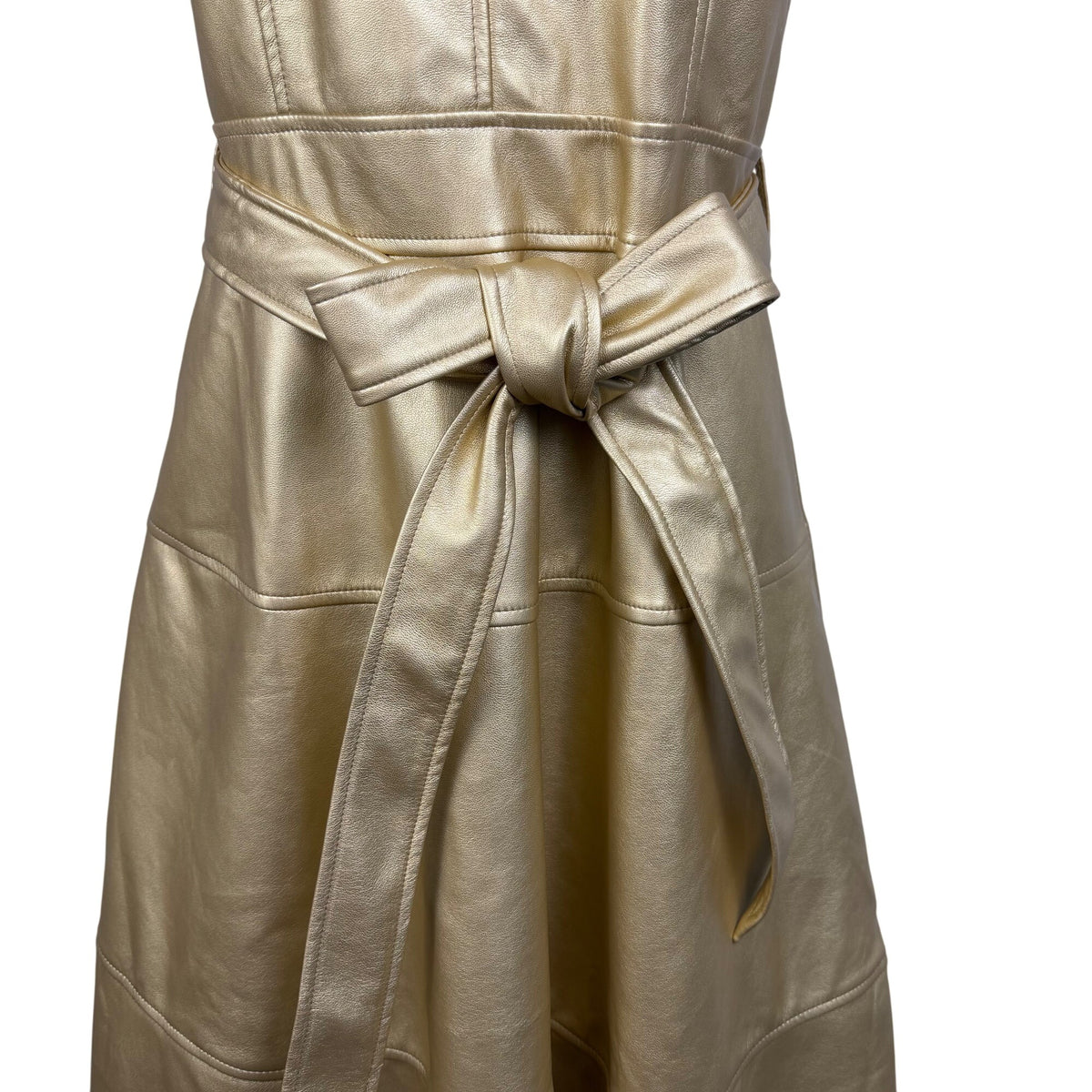 Fashion Collection Gold Faux Leather Sleeveless A-Line Midi Dress Belted Sz M