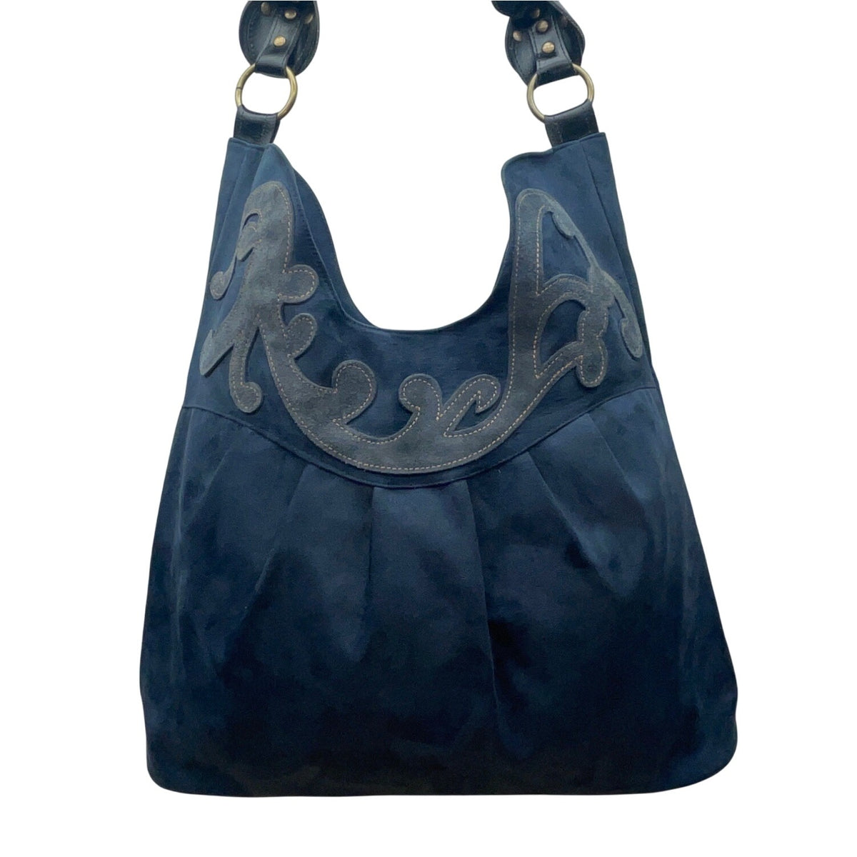 Black Faux Suede With Embroidered Swirl Detail & Brass Hardware Shoulder Bag