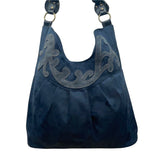 Black Faux Suede With Embroidered Swirl Detail & Brass Hardware Shoulder Bag