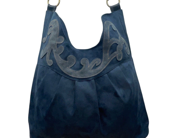 Black Faux Suede With Embroidered Swirl Detail & Brass Hardware Shoulder Bag