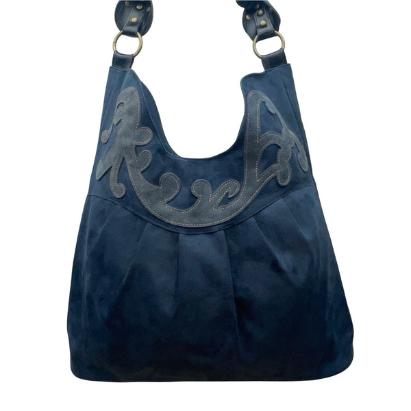 Black Faux Suede With Embroidered Swirl Detail & Brass Hardware Shoulder Bag