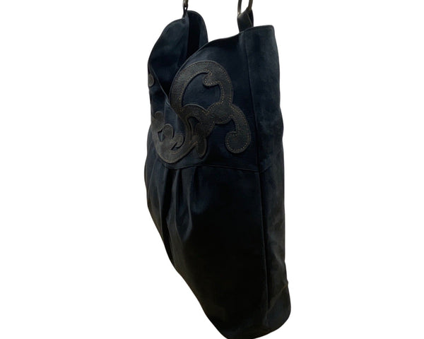 Black Faux Suede With Embroidered Swirl Detail & Brass Hardware Shoulder Bag