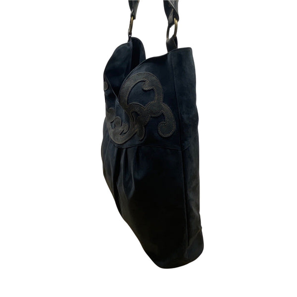 Black Faux Suede With Embroidered Swirl Detail & Brass Hardware Shoulder Bag