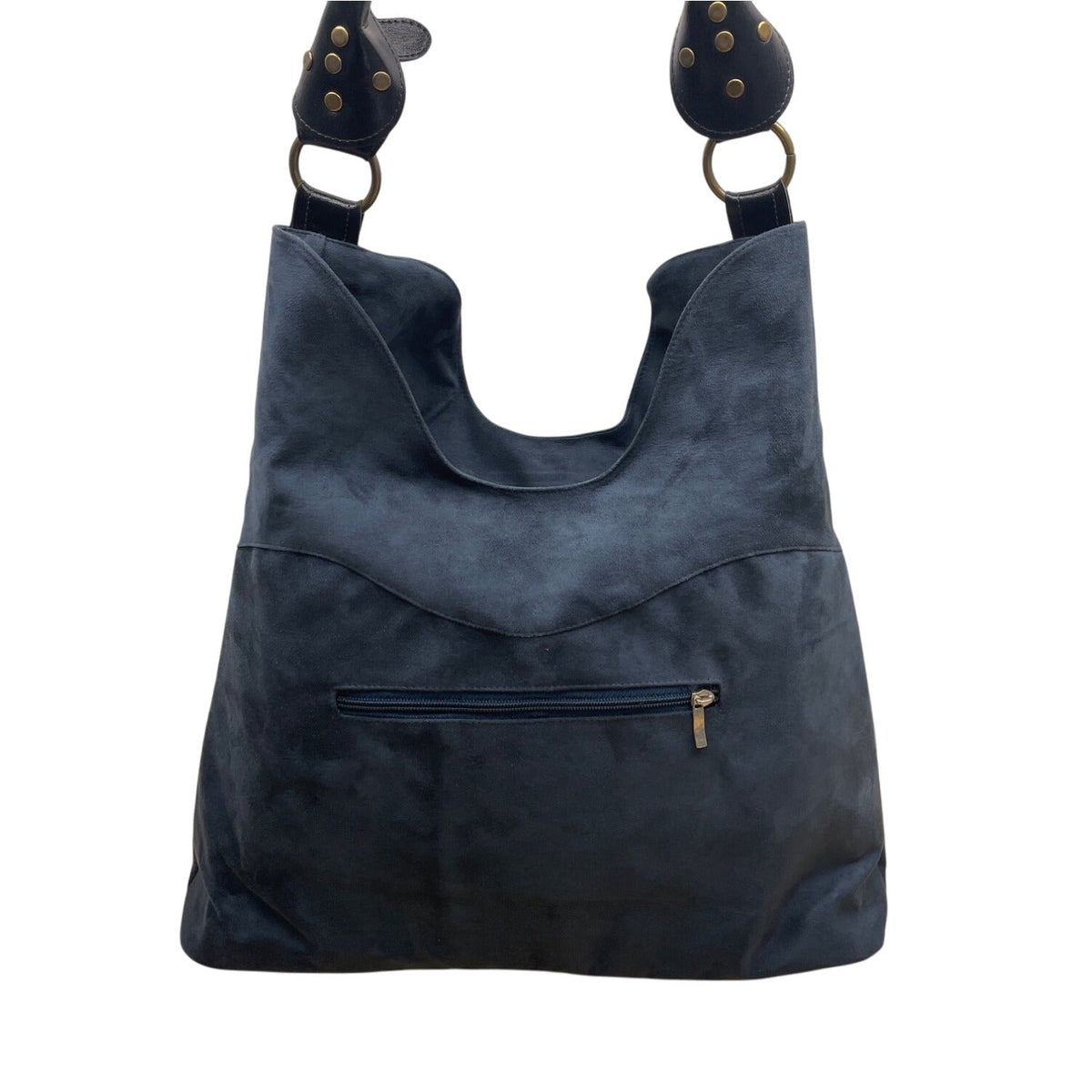 Black Faux Suede With Embroidered Swirl Detail & Brass Hardware Shoulder Bag