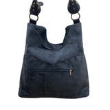 Black Faux Suede With Embroidered Swirl Detail & Brass Hardware Shoulder Bag