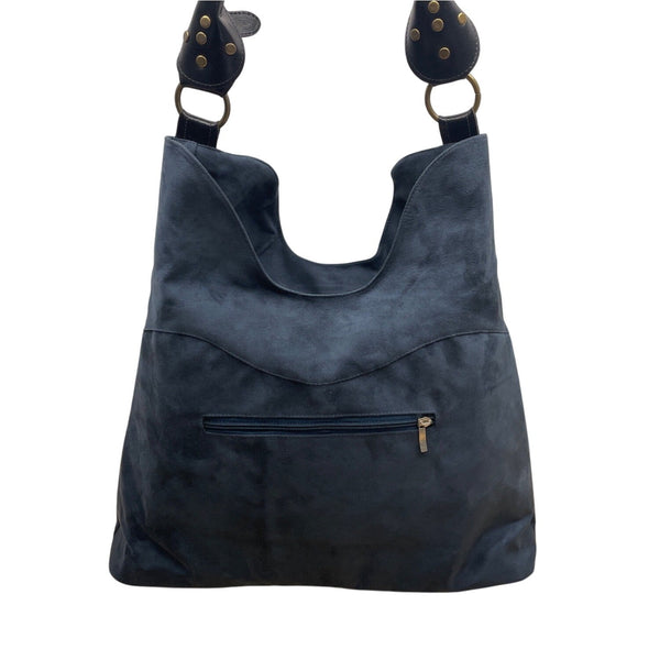 Black Faux Suede With Embroidered Swirl Detail & Brass Hardware Shoulder Bag