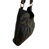 Black Faux Suede With Embroidered Swirl Detail & Brass Hardware Shoulder Bag