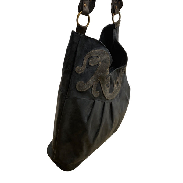 Black Faux Suede With Embroidered Swirl Detail & Brass Hardware Shoulder Bag