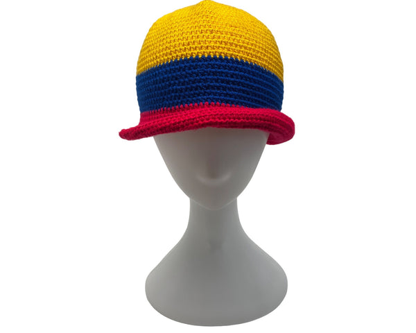 Crochet Bucket Hat Yellow Blue Red Striped Handmade Unisex
