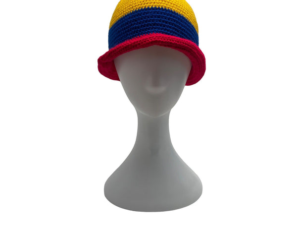 Crochet Bucket Hat Yellow Blue Red Striped Handmade Unisex