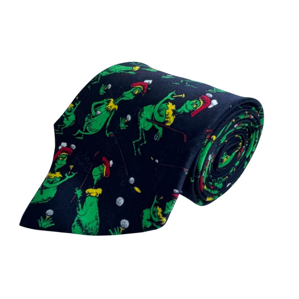 Dr. Seuss Mens Black Silk Grinch Golf Novelty Tie 1994 Holiday Print