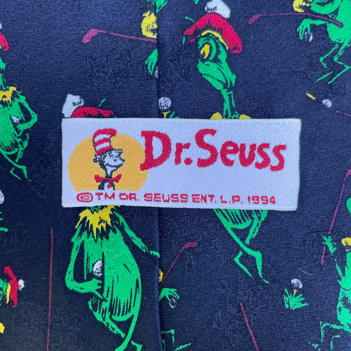 Dr. Seuss Mens Black Silk Grinch Golf Novelty Tie 1994 Holiday Print
