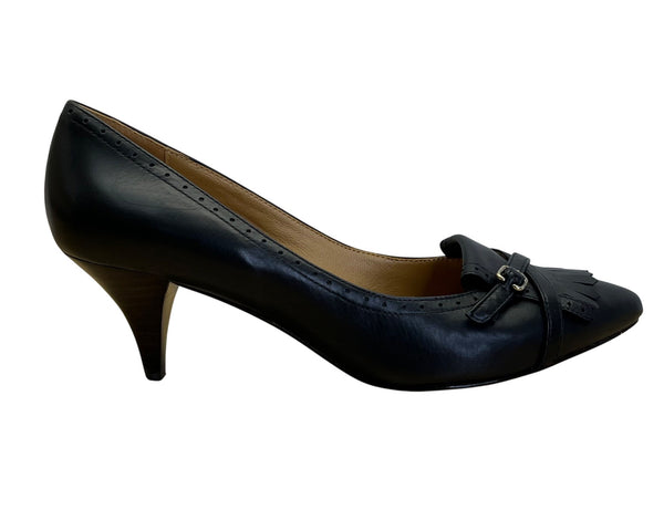 Brooks Brothers Women’s Black Leather Fringe & Buckle Pointed Toe Heels Size 6.5