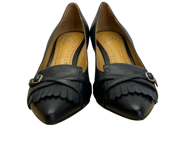 Brooks Brothers Women’s Black Leather Fringe & Buckle Pointed Toe Heels Size 6.5