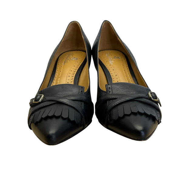 Brooks Brothers Women’s Black Leather Fringe & Buckle Pointed Toe Heels Size 6.5