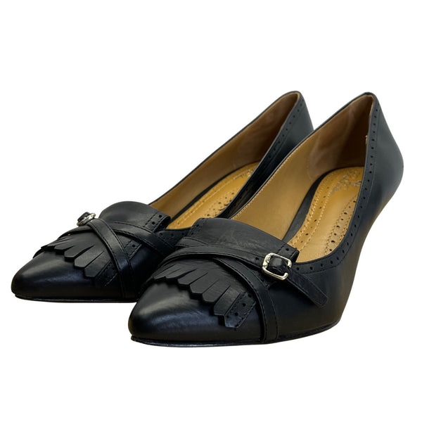 Brooks Brothers Women’s Black Leather Fringe & Buckle Pointed Toe Heels Size 6.5