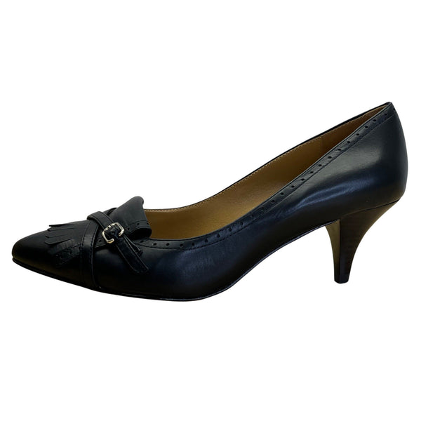 Brooks Brothers Women’s Black Leather Fringe & Buckle Pointed Toe Heels Size 6.5