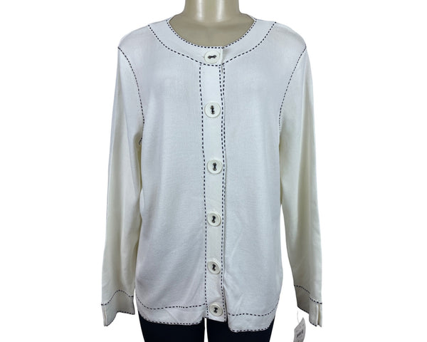 Emma James White Cardigan Sweater Rnd Collar Eye Catching Button Front Sz L New