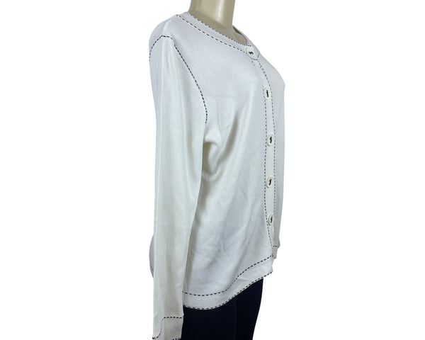 Emma James White Cardigan Sweater Rnd Collar Eye Catching Button Front Sz L New