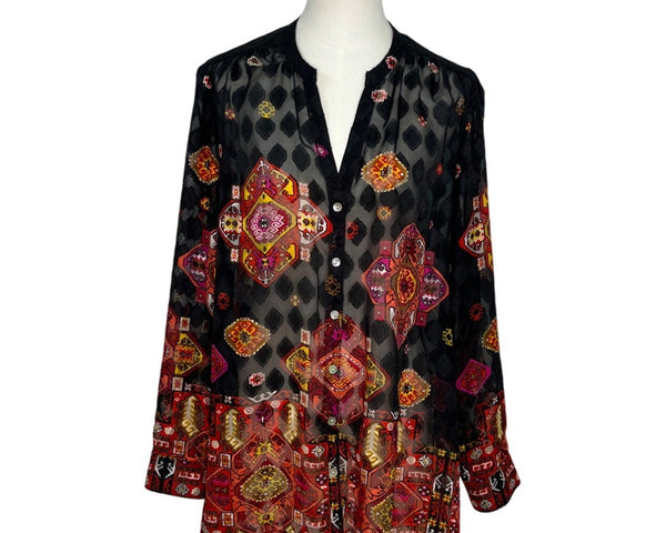 Ruby Rd. Womens Sheer Top Black Red Geometric Print Size 14