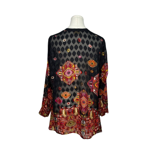 Ruby Rd. Womens Sheer Top Black Red Geometric Print Size 14