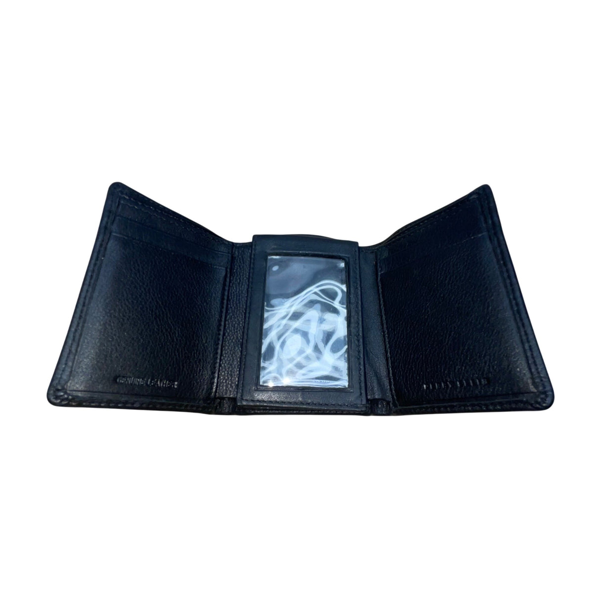 Perry Ellis Men Black Genuine Leather With ID Window & Card Slots Trifold Wallet